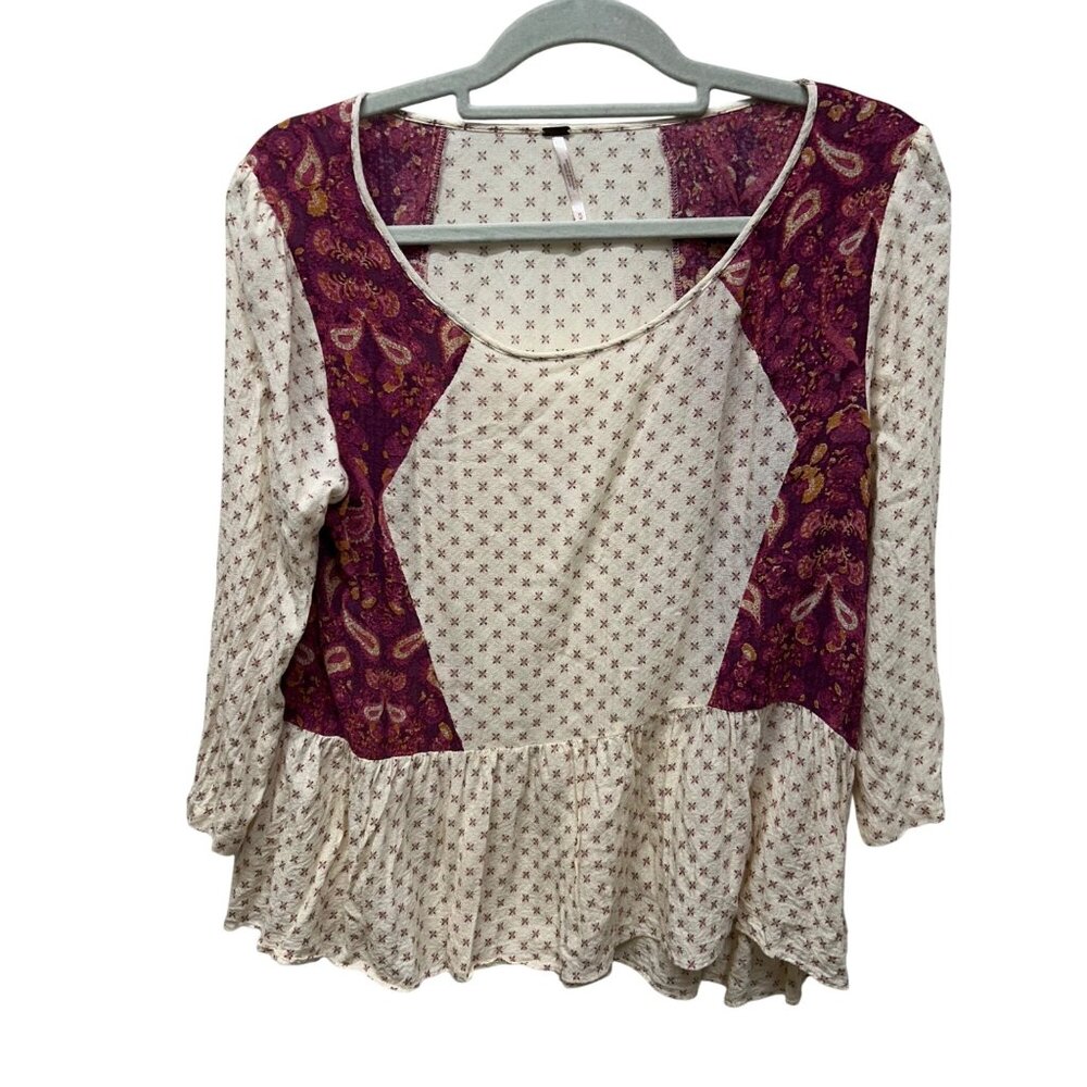 Free People Patchwork Boho Peplum Top M Cream & Purple 100% Rayon